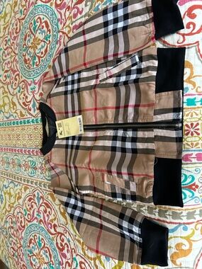 Burberry Kids Tan Black Red Check Cotton Jean Jacket